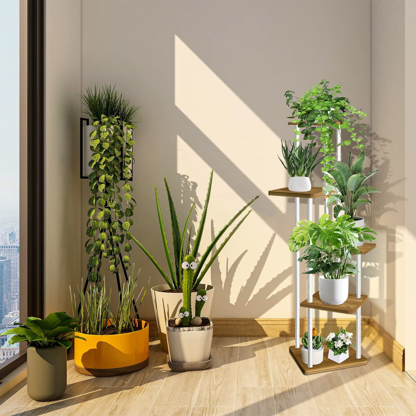 VASZOLA 5-Tier Wooden Flower Rack Plant Stand, Multi-layer Flower Display Stand Plant Shelf Flower Bench Flower Stairs Plant Stairs Shelf for Indoor Garden Balcony Decor (White)