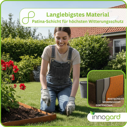 innogard lawn edge Corten steel L10m H25cm - Flexible bed edging 1 mm thick lawn edging tape for garden bed bordering bed edging