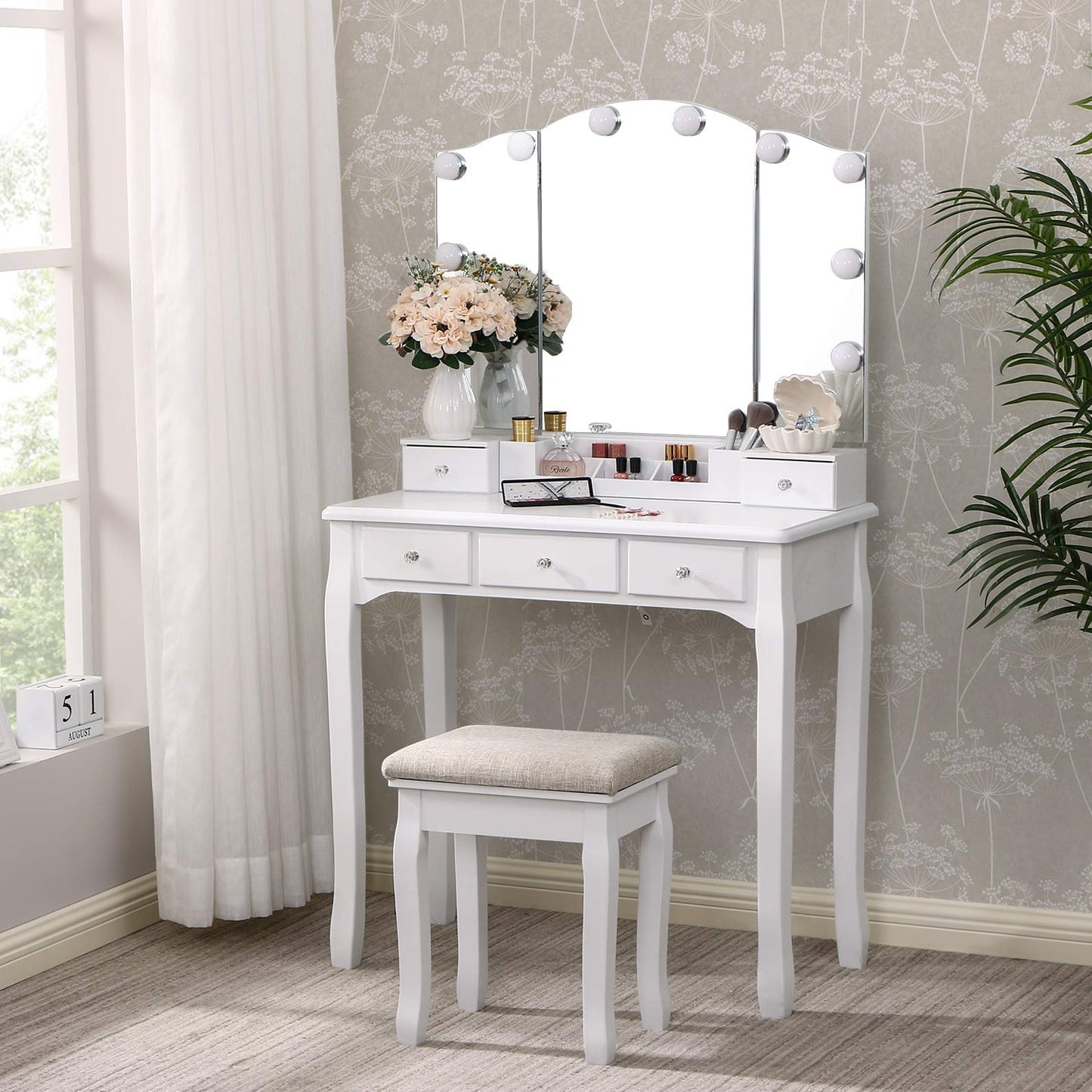 ANWBROAD Vanity Table with Lighted Mirror Tri-Folding Makeup Vanity Set 10 LED Bulbs 5 Drawers 2 DIY Dividers Cushioned Stool Removable Organizer White BDT05W