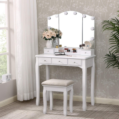 ANWBROAD Vanity Table with Lighted Mirror Tri-Folding Makeup Vanity Set 10 LED Bulbs 5 Drawers 2 DIY Dividers Cushioned Stool Removable Organizer White BDT05W