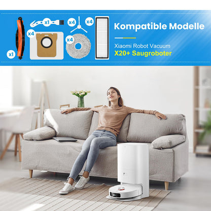 18 pieces of accessories for Xiaomi Robot Vacuum X20+ robot vacuum cleaner, including 1 main brush, 4 dust bags, 4 mop cloths, 4 side brushes, 4 filters, and 1 cleaning brush.