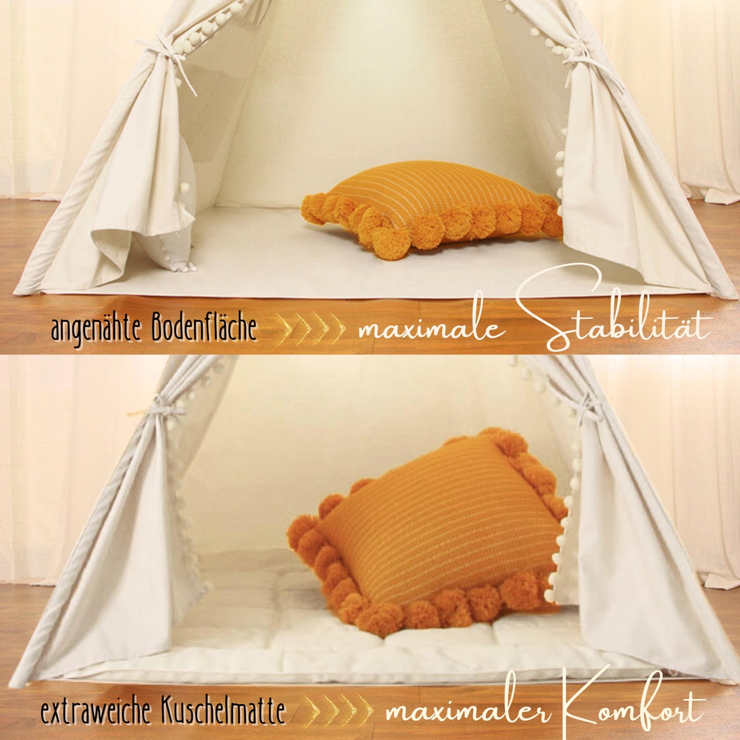 LIONHERZ® THE ORIGINAL Teepee Tent for Kids made of 100% cotton with mat, stabilizer, feather decoration & bag [Stable] Play tent in children's room | Indoor children's tent | Play cave Teepee tent (Pure White)