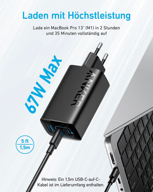 Anker USB C Charger 67W, Anker 335 High-Speed Power Adapter with PIQ 3.0, 3-Port Fast Charger, iPad charger, PD Charger for iPhone 17/16/15 Series, MacBook Pro, iPad, Galaxy, Pixel, and more.