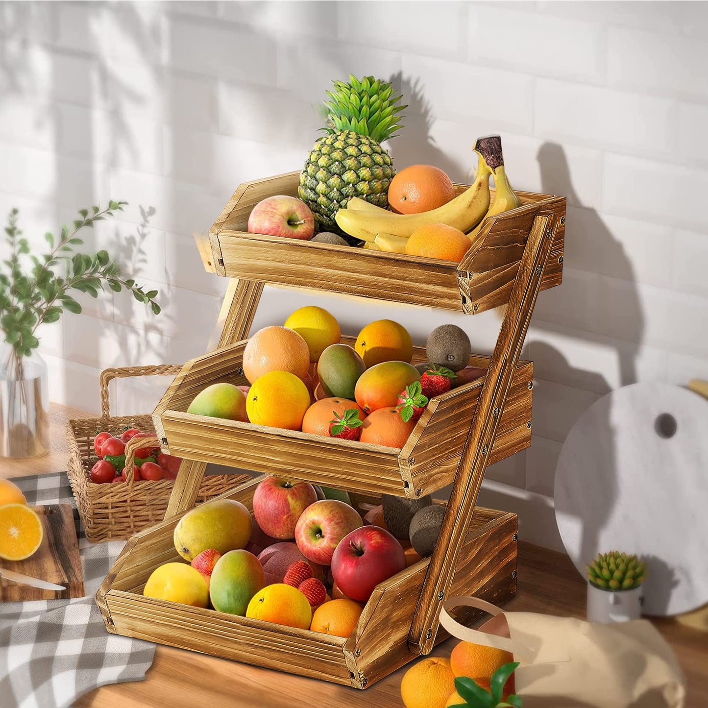 CALM COZY 3-tier wooden fruit basket, vegetable stand fruit rack, storage holder for fruit, cake, candy.