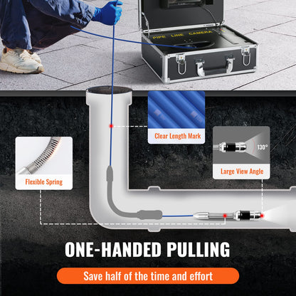 VEVOR 7" Professional Pipe Camera 20m Industrial Inspection Camera 1000TVL Endoscope Drain Camera 16GB SD Card IP68 Waterproof 480P Color Monitor DVR 4500mAh Lithium Battery 6 Hours Continuous Operation with Carrying Case.
