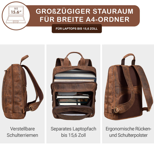 STILORD 'Watson' Laptop Backpack 15.6 Inch Leather Business Backpack Men's Backpack XL for Wide DIN A4 Folders Daypack Vintage Real Leather, Color: sepia - brown