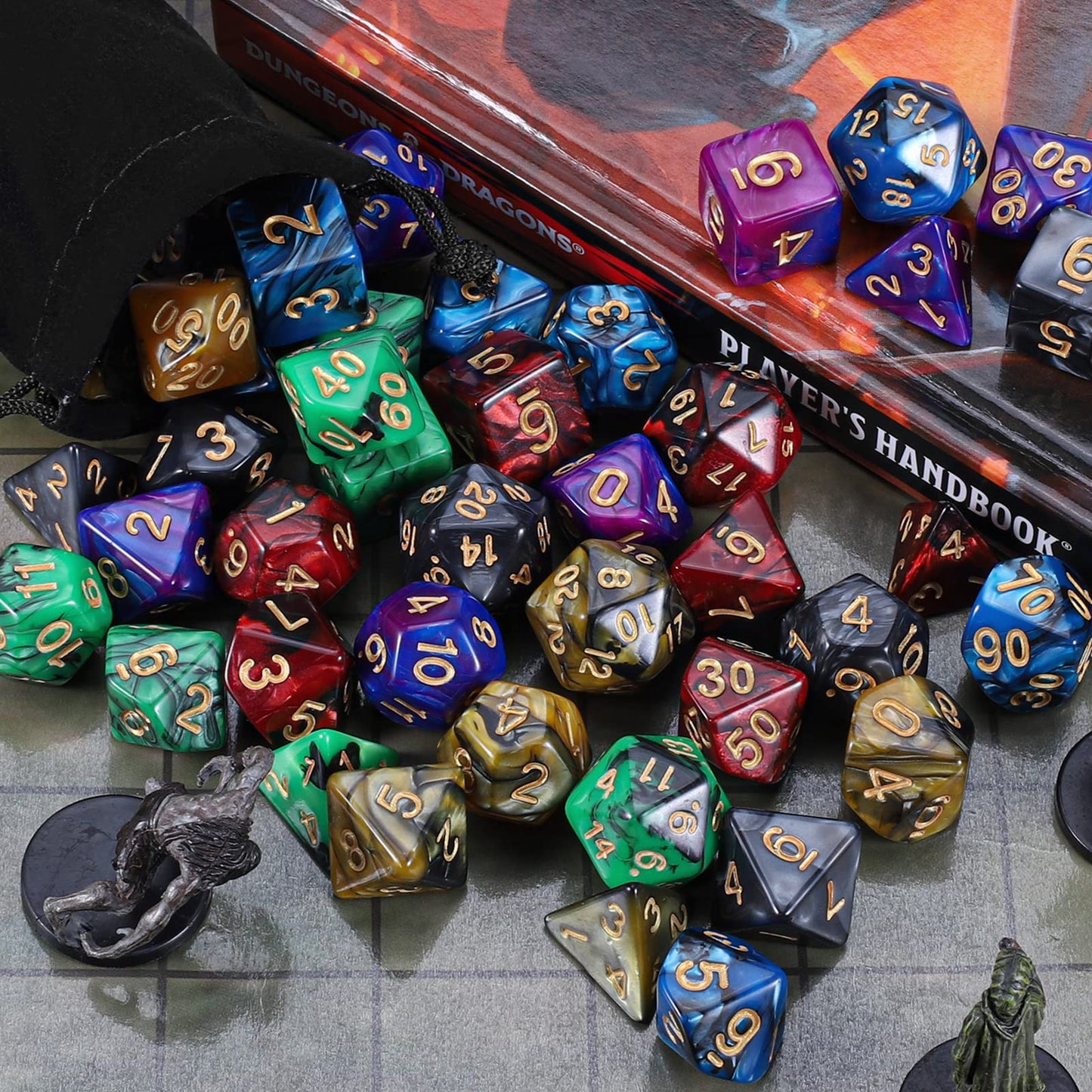 iFergoo Polyhedral Dice Set, 6 x 7 (42 Pieces) Color Game Dice with 6 Black Drawstring Bags for Dungeons and Dragons DND RPG MTG Tabletop Games, 6 Sets of D4 D6 D8 D10 D% D12 D20