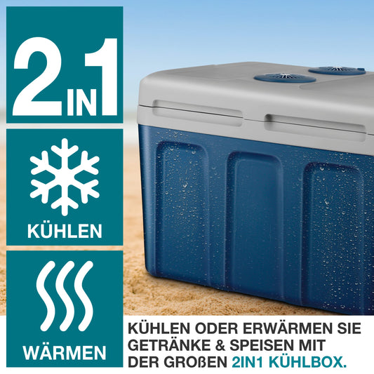 TOM 2in1 XXL cooler 40l with cooling and heating function - electric coolbox with wheels - 230V & 12V power connection - Electric - for car, camping, caravan & Co - PLUS gift (Blue)