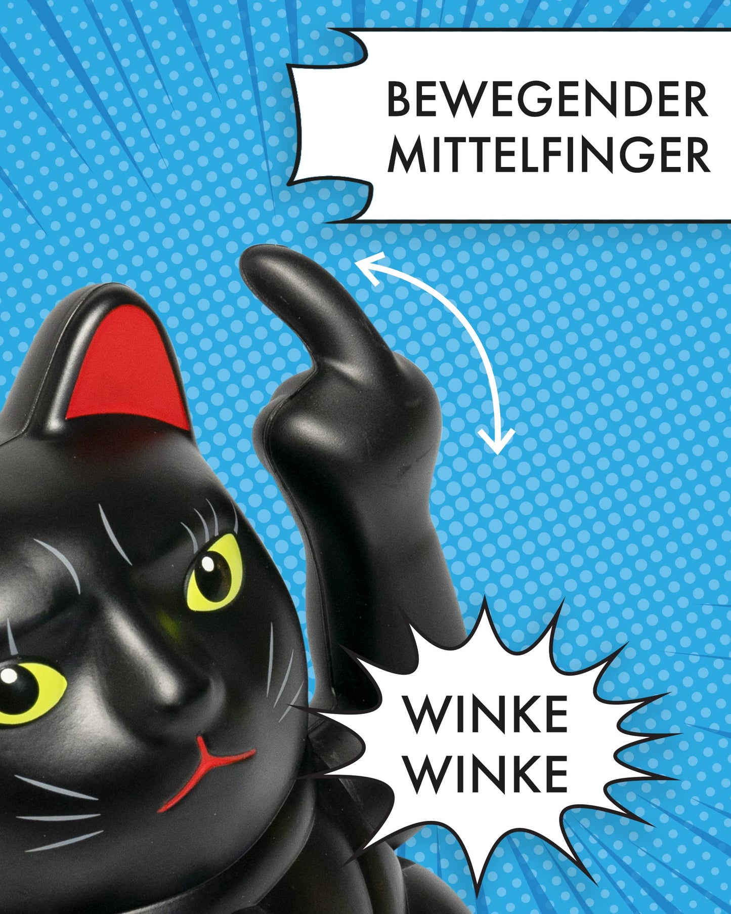 ANGRY CAT - Lucky CAT - Funny waving cat - Japanese waving cat with middle finger - Decorative wobble figure cat - Waving arm with middle finger - 15cm - BLACK-MATT