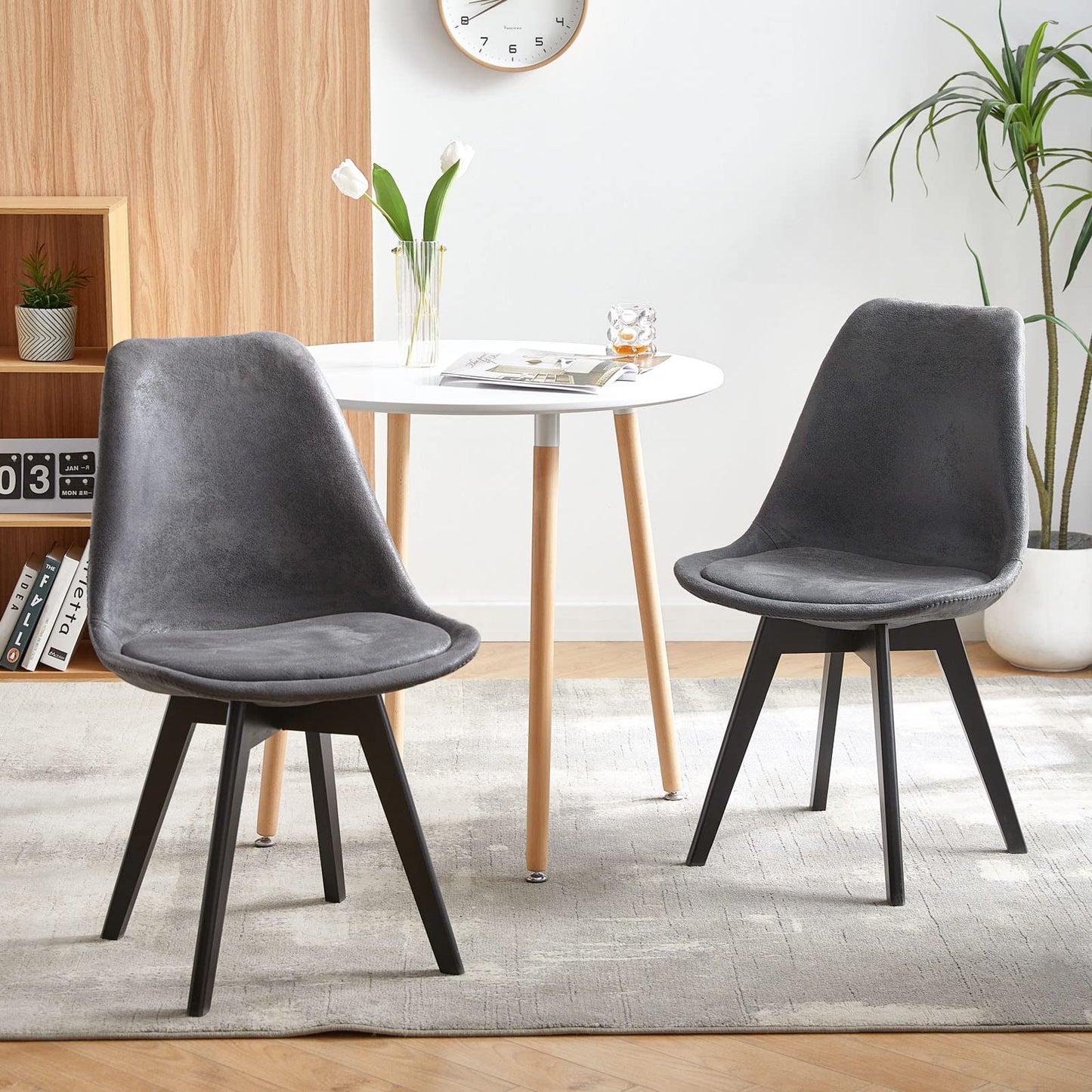 EGGREE 8 Pcs Dining Chairs Scandinavian Design SGS Certified, Suede Upholstered Backrest, Kitchen Dining Chairs with Black Solid Beech Wood Leg, Dark Gray