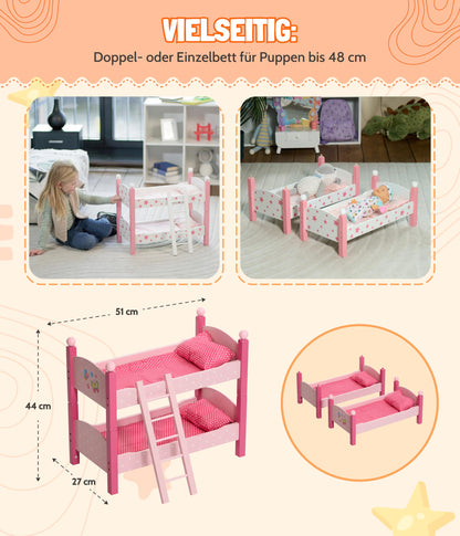Bayer Chic 2000® Doll Bed Bunk Bed - Papilio Pink Rose - Doll Bunk Bed with Ladder & Bedding - Fits dolls up to 48 cm - Doll Accessories, Wooden Doll Bed