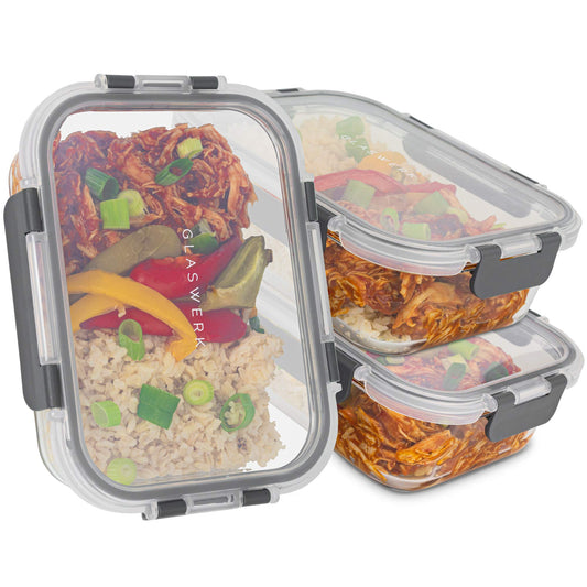 GLASWERK Meal Prep Boxes (3x 1040 ml) with one compartment, glass containers with lids, food storage containers with lids, freezer containers set, glass food storage containers, glass casserole dish with lid.