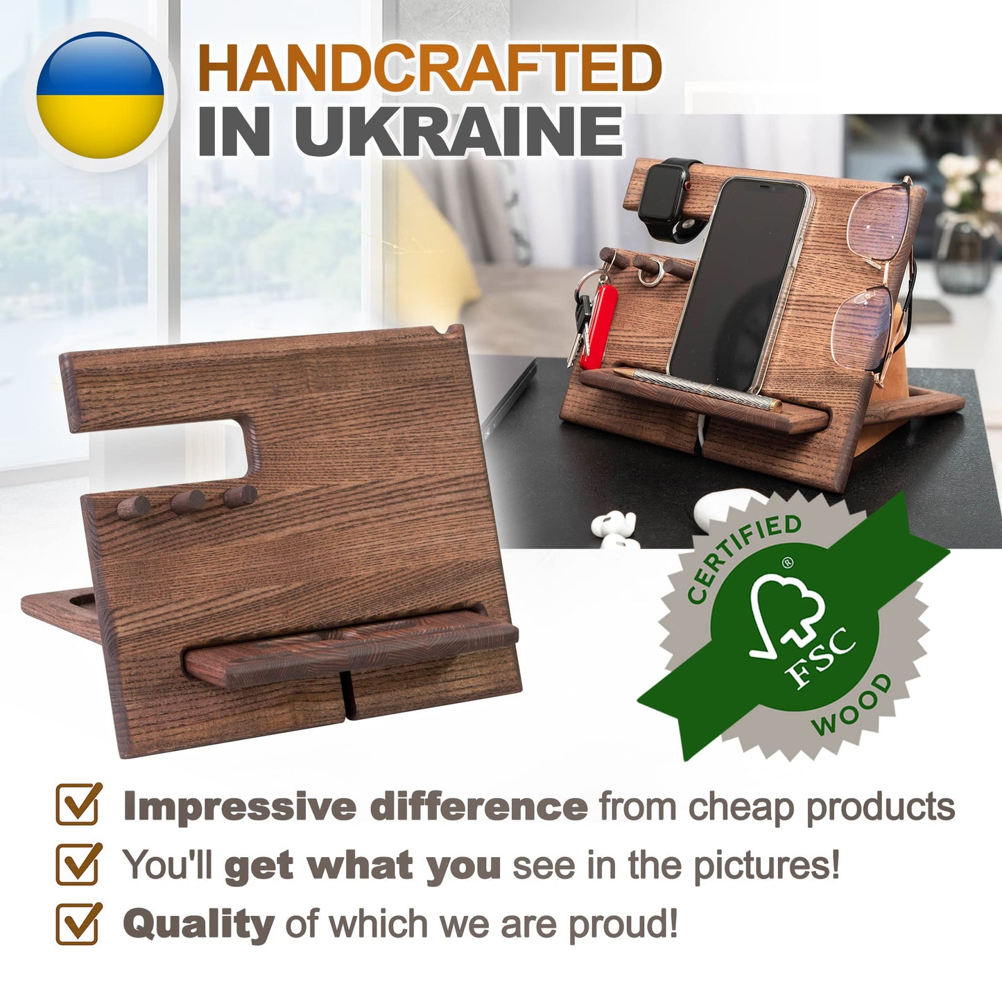 TESLYAR Desk Organizer Wood Ash Wenge - Phone Stand & Key Organizer with 3 Hooks for Office Storage & Organization - Wooden Gifts for Men Ideas
