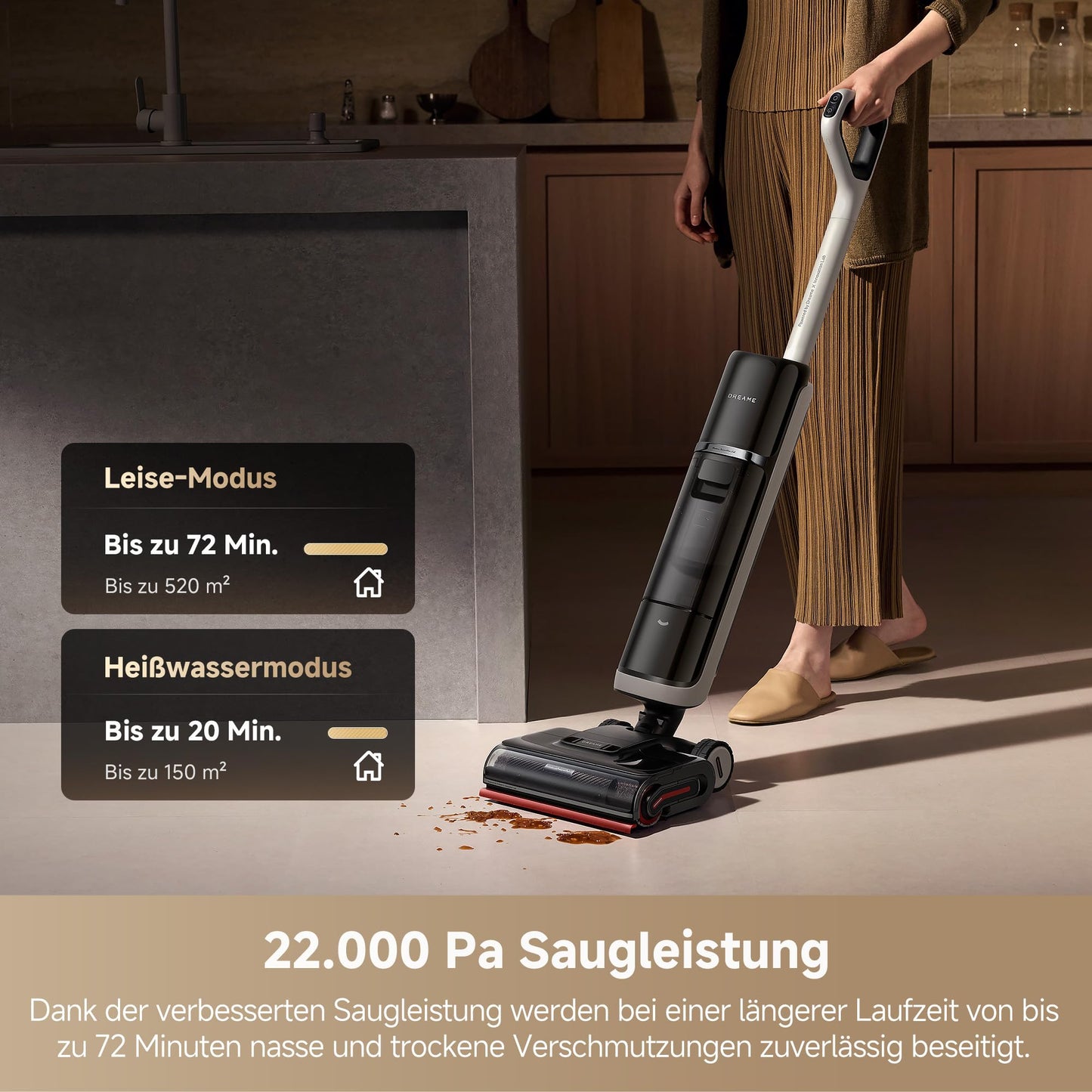 Dreame H15 Pro Heat wet and dry vacuum cleaner, 85°C water, GapFree AI robot arm, RGB detection, 22,000 Pa suction power, hair detangling, 100°C brush cleaning, 5min 90°C drying, app control.