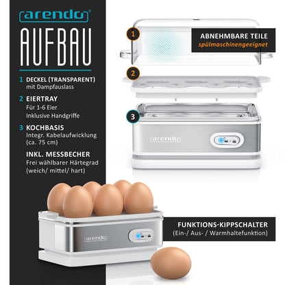 Arendo - Stainless Steel Egg Cooker with Keep Warm Function - Tilt function switch with indicator light - freely adjustable hardness level - rustproof brushed stainless steel - white