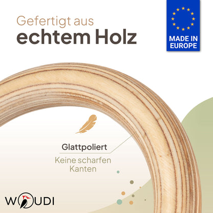 Woudi® wooden gymnastic rings made of laminated solid wood, swing rings with adjustable ropes, for kids and adults I Indoor & Outdoor use I gymnastic rings I toy (17cm outer diameter).