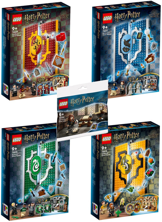 Lego 5-piece set: 76409 Gryffindor House Banner, 76410 Slytherin House Banner, 76411 Ravenclaw House Banner, 76412 Hufflepuff House Banner, & 30392 Hermione's Desk
