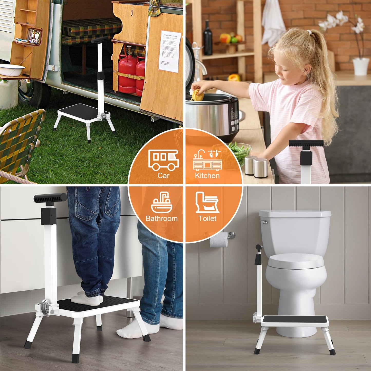 Xtsuen step stool with handle, folding step ladder, one-step ladder with non-slip tread for adults, elderly, and children in kitchen, bathroom, and house, up to 150 kg capacity.