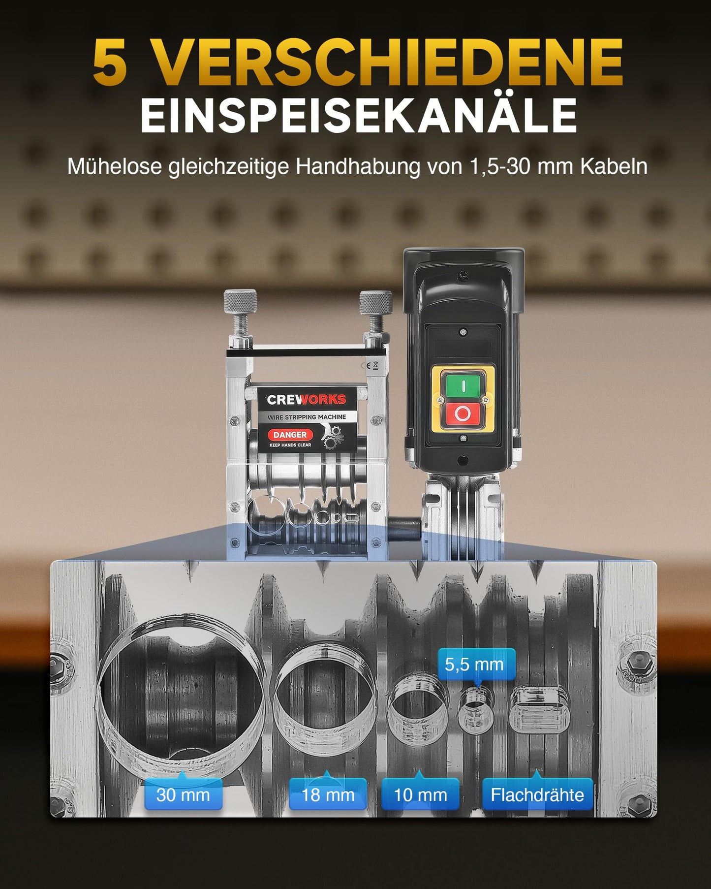 CREWORKS Electric Cable Stripping Machine 180W for 1.5-30mm copper wires, Automatic Cable Stripper Wire Stripping Tool for 0.06-1.2 inch copper wire recycling, 5-channel cable peeling machine.