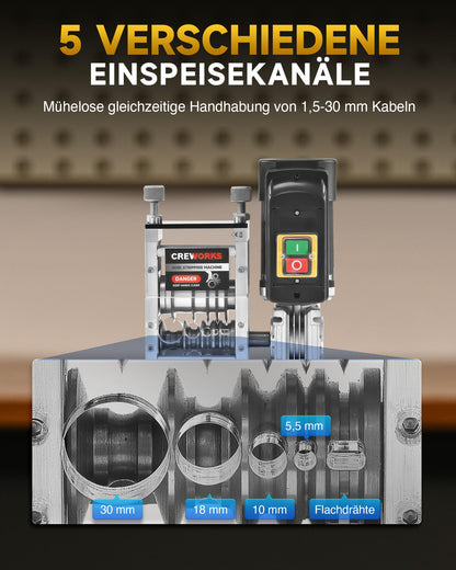 CREWORKS Electric Cable Stripping Machine 180W for 1.5-30mm copper wires, Automatic Cable Stripper Wire Stripping Tool for 0.06-1.2 inch copper wire recycling, 5-channel cable peeling machine.