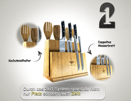 YACIAO magnetic bamboo knife block - 2in1 knife block without knives & kitchen container - Magnet, magnetic - magnetic knife block, Kitchen Organizer, empty knife block.