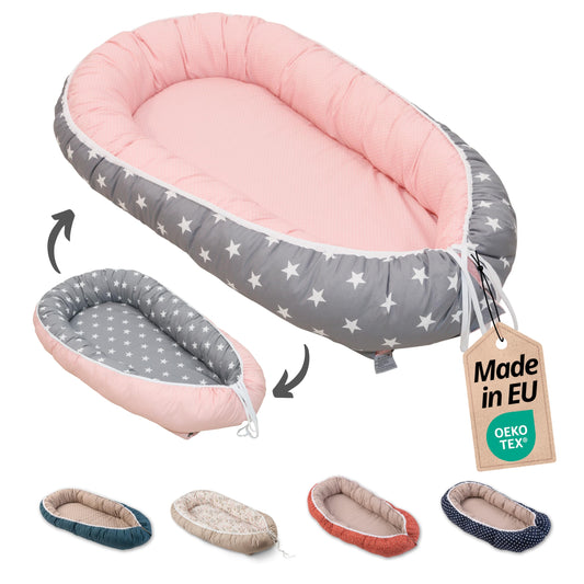 ULLENBOOM Baby Nest - 100% OEKO-TEX materials & Made in EU, Pink Grey - Newborn baby nest made of cuddly cotton, ideal for use as a travel bed & cuddle nest.