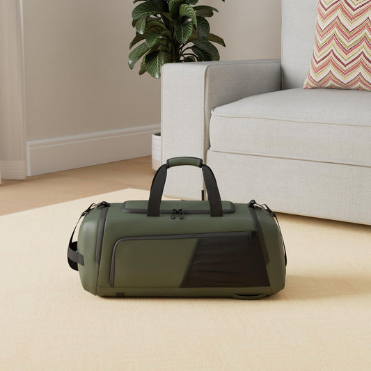 Men's duffel bag with shoe compartment, wet pocket, and water-resistant material. 40L capacity, perfect for gym, travel, or weekend trips. Suitable for both men and women. (Dark green)