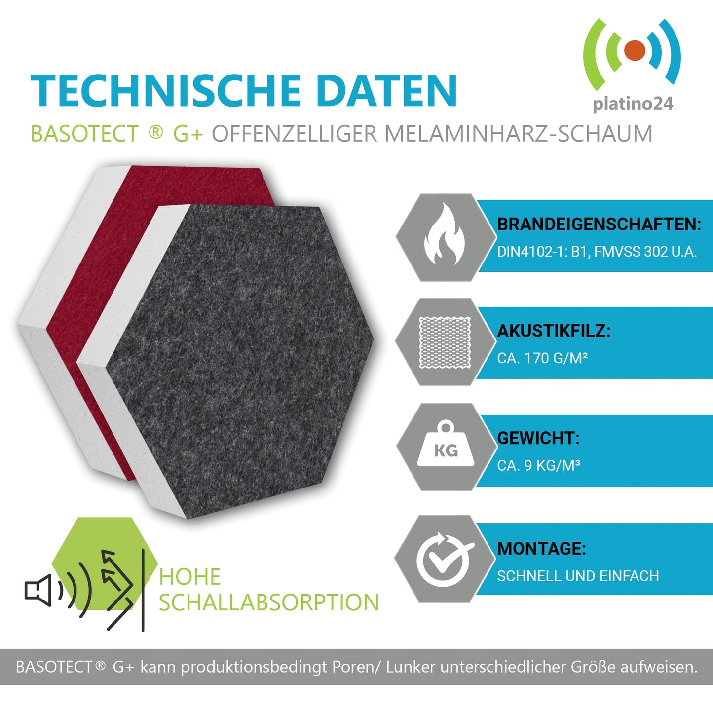 Platino24 sound absorber Colore made from Basotec G+ I acoustic panels with acoustic felt I 3D wall panels with 12 honeycombs in Bordeaux & granite grey I acoustic panels for sound insulation in office, studio & home