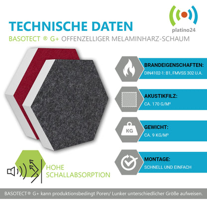 Platino24 sound absorber Colore made from Basotec G+ I acoustic panels with acoustic felt I 3D wall panels with 12 honeycombs in Bordeaux & granite grey I acoustic panels for sound insulation in office, studio & home