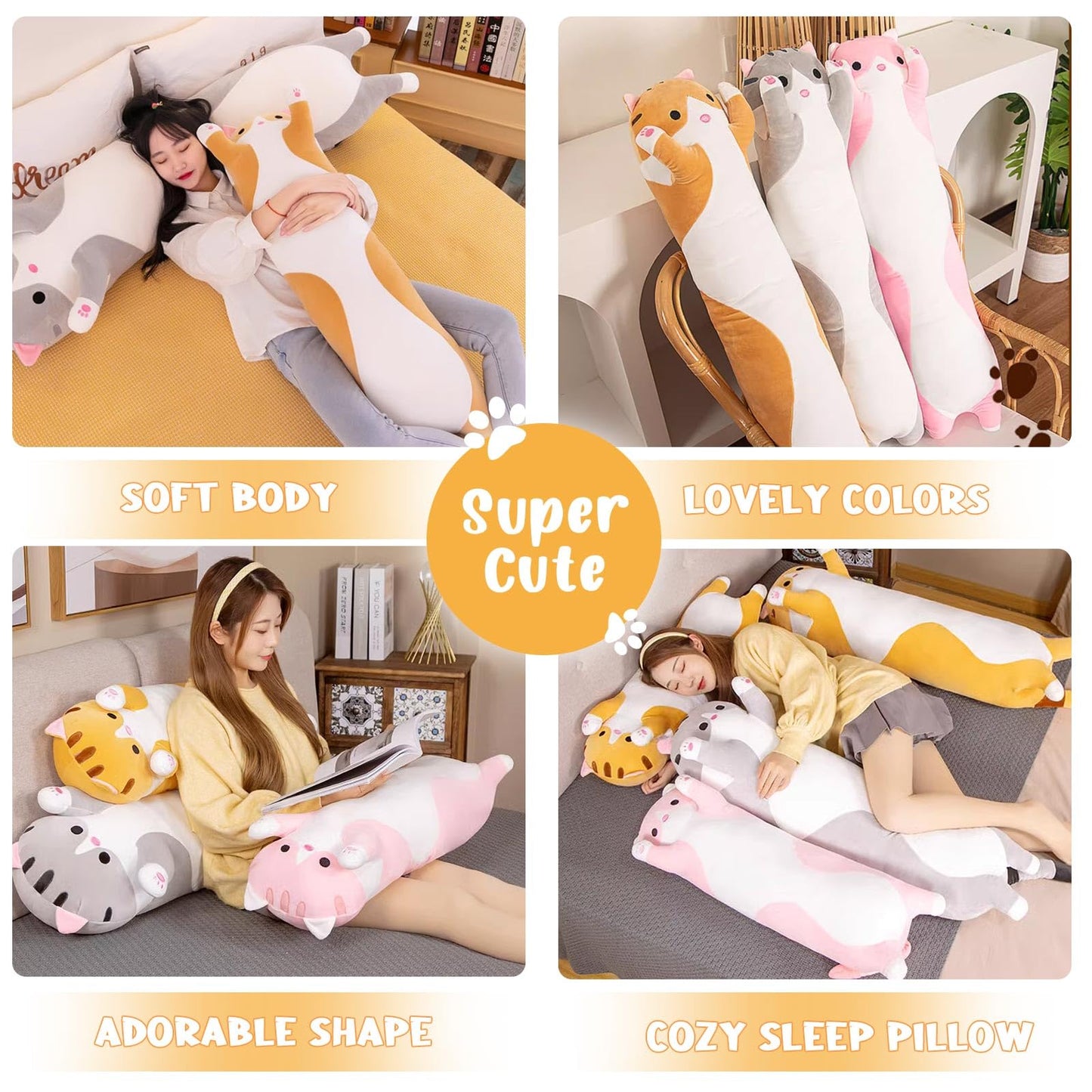 Bobomon Cat Plush Toy Stuffed Animal Cat Long Pillow Giant XXL Kawaii Large Plush Toy Plush Cat Cute Side Sleeper Pillow Cat Plushie (pink 130cm)