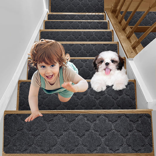 YISUN Stair Treads 15 Pieces, Anti-Slip Stair Tread Mats, Self-Adhesive Rectangular Stair Carpet, Carpet Stair Steps for Outdoor Indoor Use for Kids, Elderly, and Dogs, 20 x 65 cm (Dark Gray)