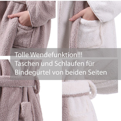 HOMELEVEL Sherpa Reversible Bathrobe in Sheepskin Look for men and women with hood, morning gown, housecoat