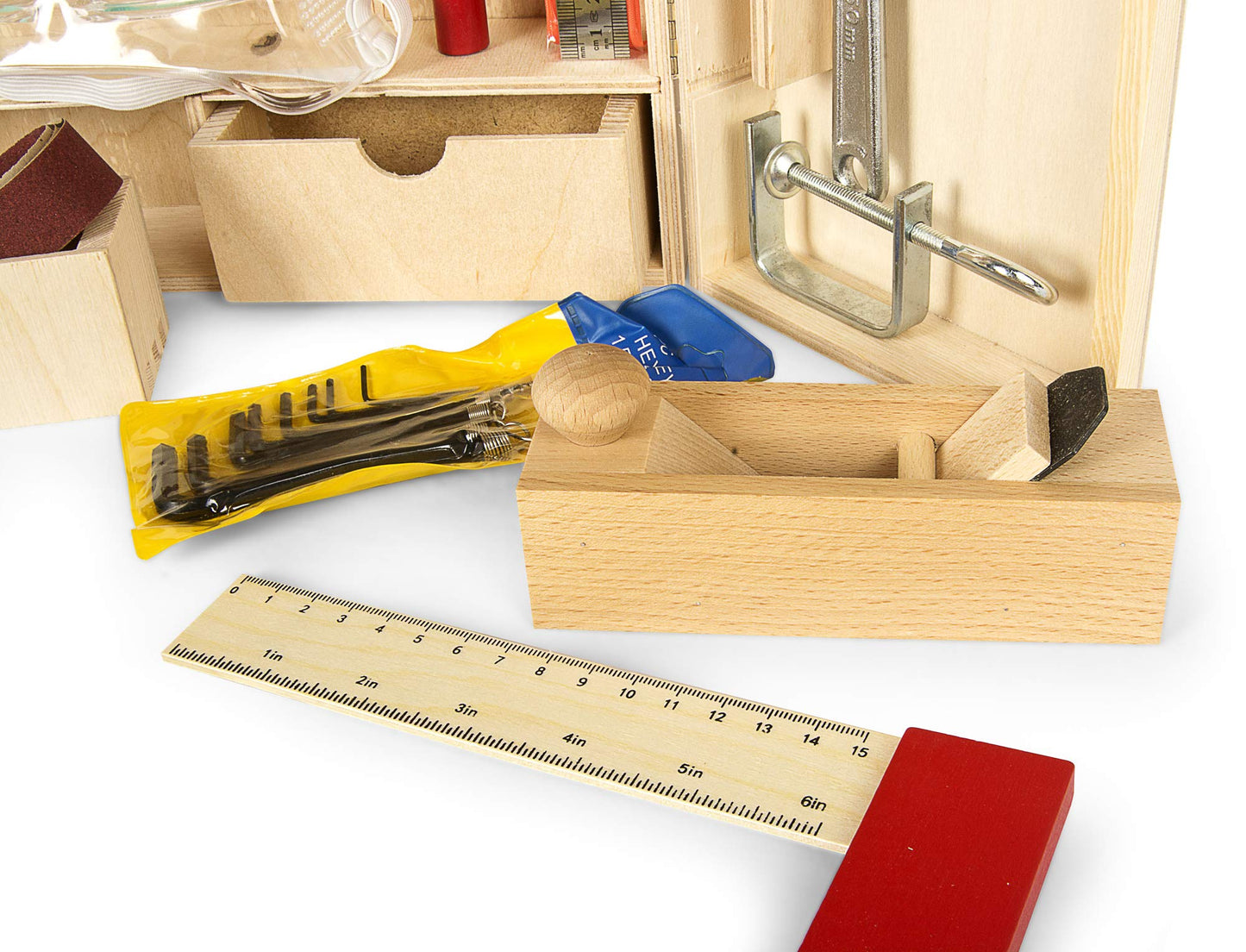 Leomark Deluxe Wooden Toolbox for Kids - 50 piece tool set, compact tool case, wooden cabinet with accessories, wooden box with metal accessories.