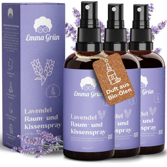 Emma Green® Lavender Spray & Pillow Spray 3x 100ml [ORGANIC QUALITY] - Lavender spray for pillows - With pure Lavandula Angustifolia - Lavender pillow spray for falling asleep - Lavender oil spray