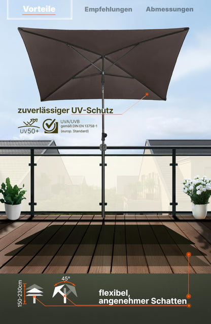 4smile balcony umbrella 200x125 cm with cover, Taupe - UV50+ rectangular and adjustable height sun umbrella, perfect for balcony sun protection as a replacement for cantilever umbrellas.