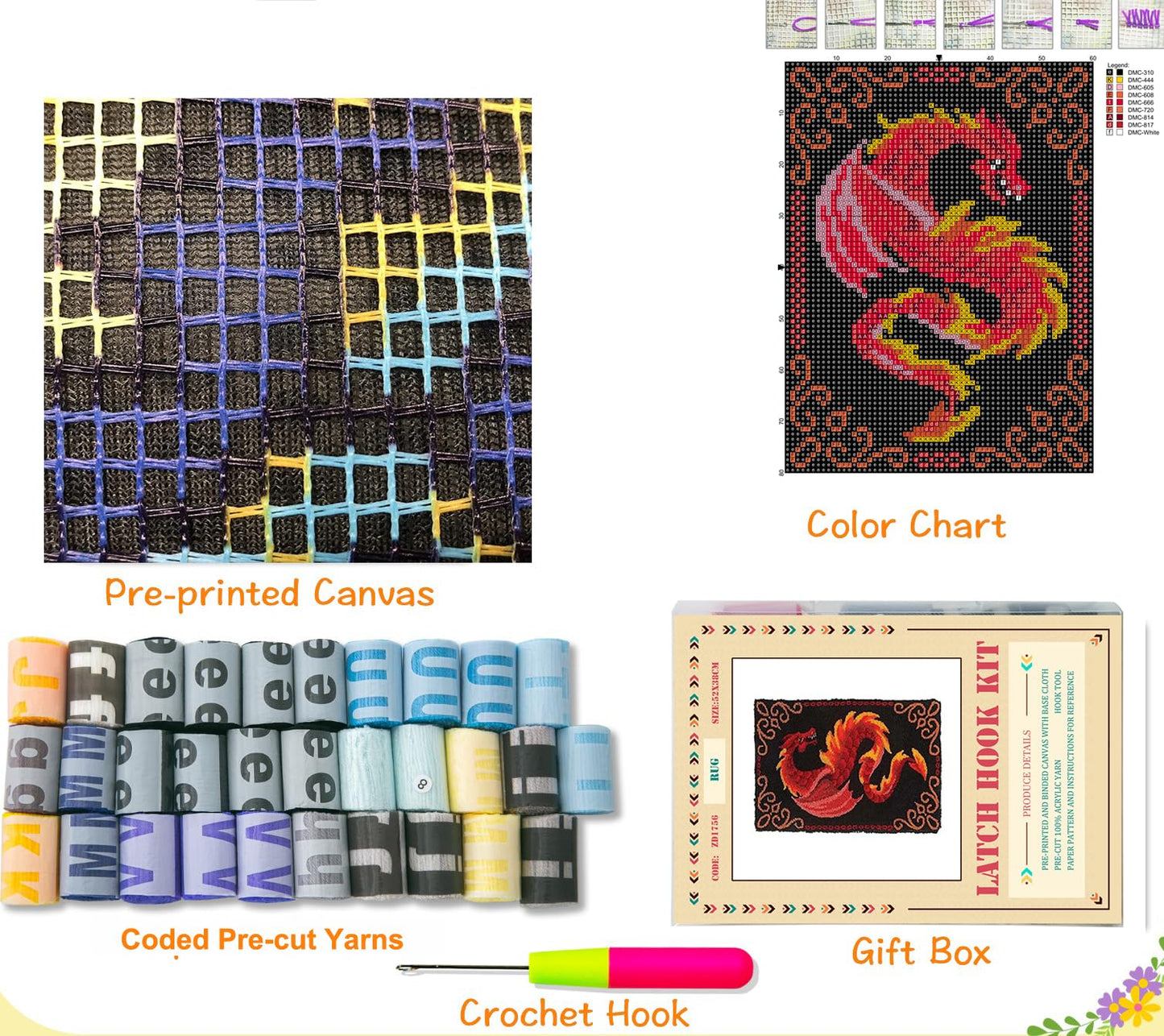 YOOTOM Latch Hook Rug Kit for Kids and Adults, DIY set with pre-printed color patterns, 50x38CM.