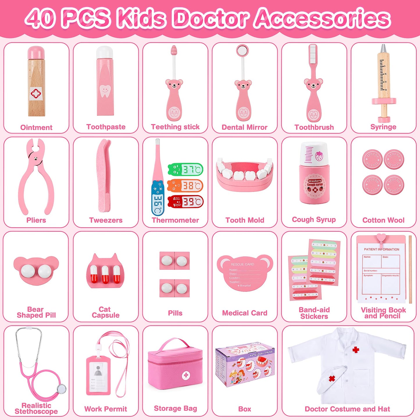 Ophy Doctor's Kit for Kids Wooden Playset, 40 Piece Doctor's Kit for Kids 3, 4, 5 Years Medical Toy With Real Stethoscope Role-Playing Toy EfficientGrip