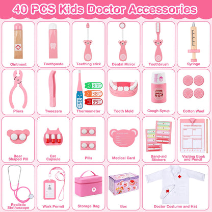 Ophy Doctor's Kit for Kids Wooden Playset, 40 Piece Doctor's Kit for Kids 3, 4, 5 Years Medical Toy With Real Stethoscope Role-Playing Toy EfficientGrip