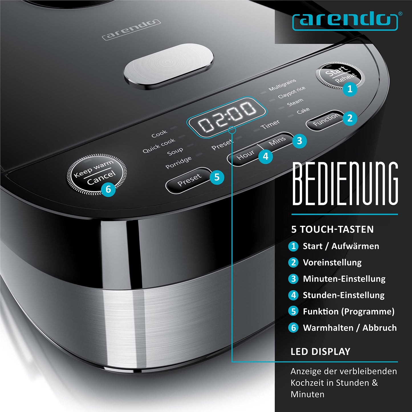 Arendo - Rice Cooker Multicooker Digital and Steamer 4L - 3D Heating System - 8 Programs - Keep Warm Function - Timer - Non-Stick Coating - including Steaming Insert, Measuring Cup, Rice Scoop, Black