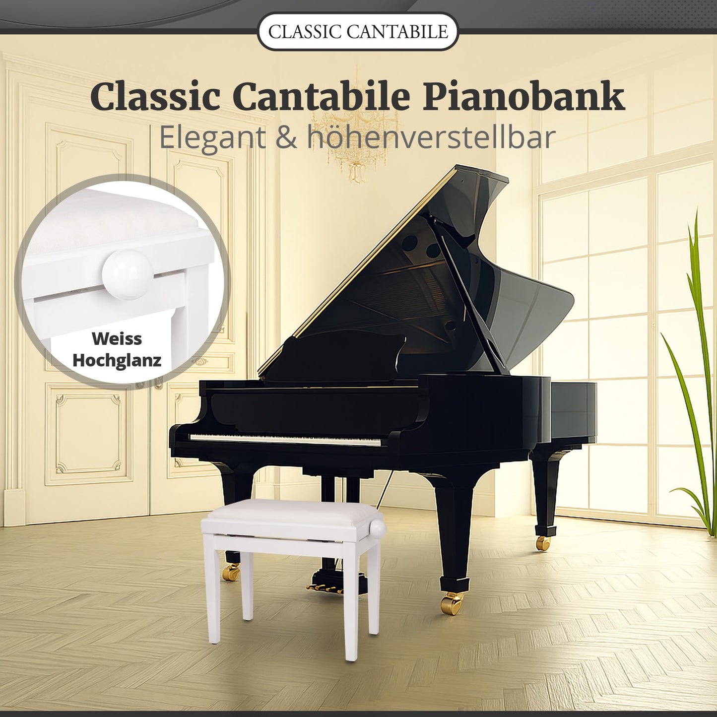 Classic Cantabile Piano Bench White High Gloss - Adjustable height from 47-56cm - Piano stool with spindle mechanism - Piano bench seat 55 x 32cm - White piano chair with velour cover, stable