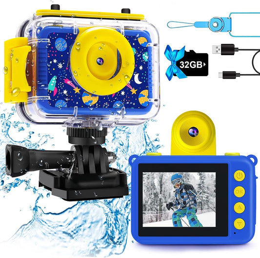 GKTZ Kids Camera waterproof, underwater camera - camera for kids with 32GB SD, 1080P digital camera toy for ages 3-12 (Dark Blue)