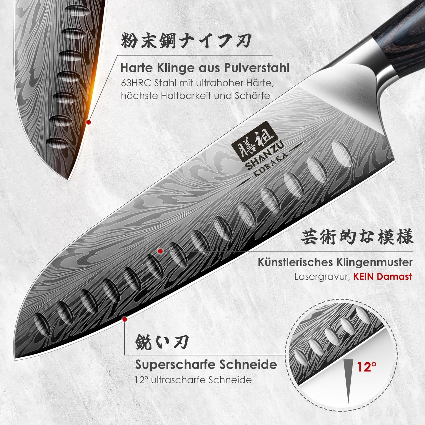 SHAN ZU Kitchen Knife made of powdered steel, Japanese Santoku Knife, 18 cm Professional Chef Knife with high carbon content, Sharp Kitchen Knife with ergonomic Pakkawood handle.