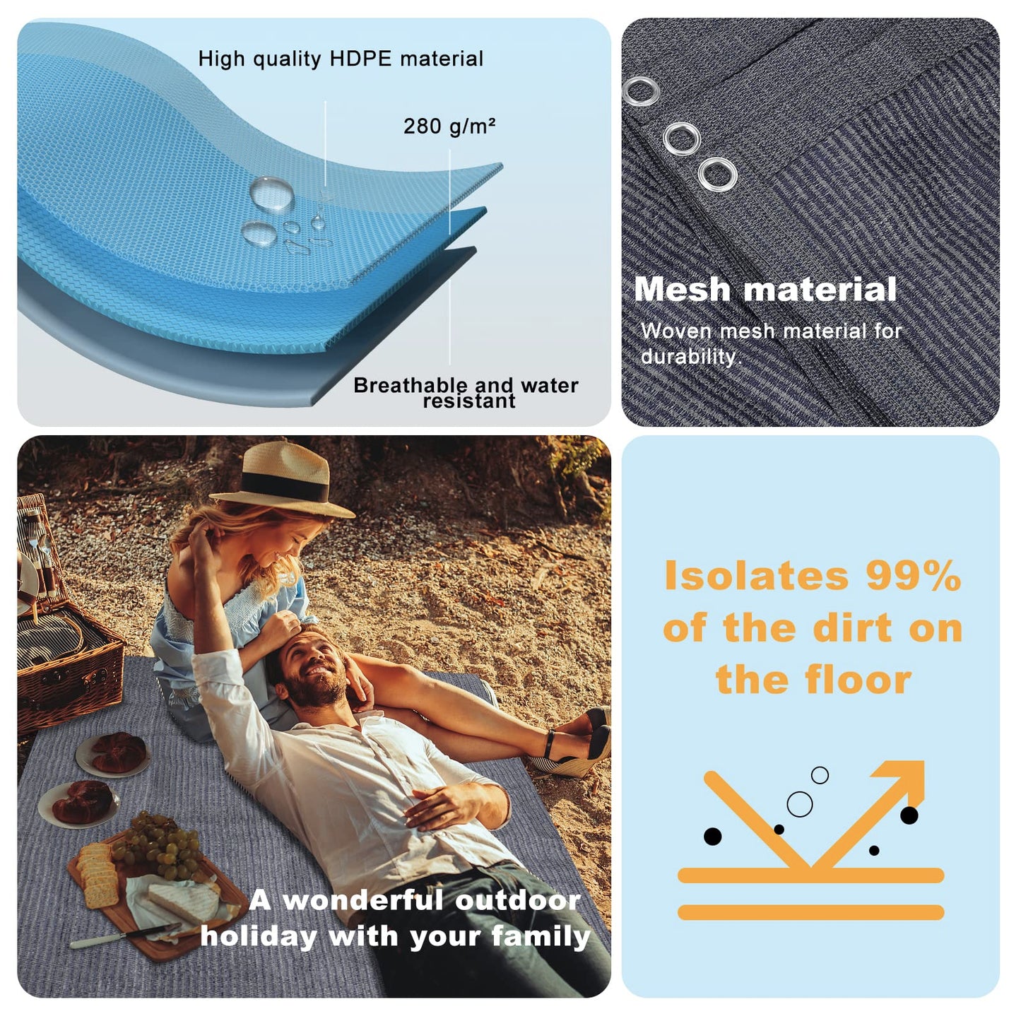 FoundGo awning carpet with eyelets [280g/m² HDPE] Camping carpet Outdoor awning floor including carrying bag Steel nails & Small broom Blue/Grey 250x500cm