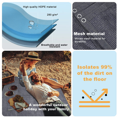 FoundGo awning carpet with eyelets [280g/m² HDPE] Camping carpet Outdoor awning floor including carrying bag Steel nails & Small broom Blue/Grey 250x500cm