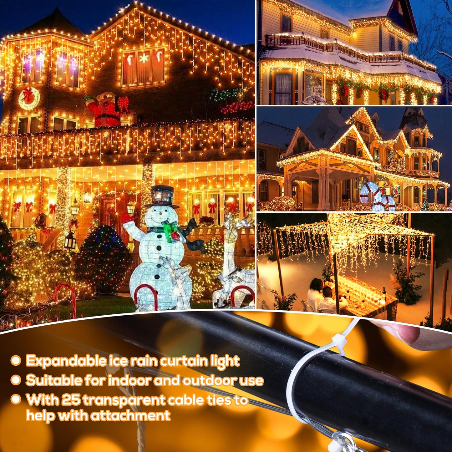 Elegear 10M 400 LED Icicle String Lights Outdoor, Expandable Curtain Lights with Timer IP44 Warm White Icicle Window Lights 8 Modes Christmas Lights for Christmas Decoration Eaves Garden Balcony