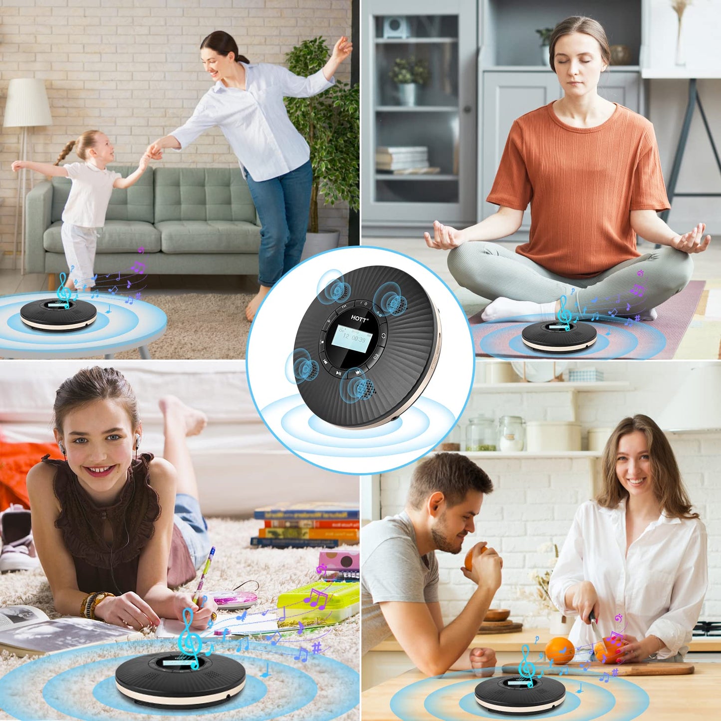 HOTT Portable Bluetooth CD Player with 4 Speakers and FM Transmitter, Anti-Skip Portable CD Player, 1800mAh Rechargeable Small with Headphones for Car, Home.