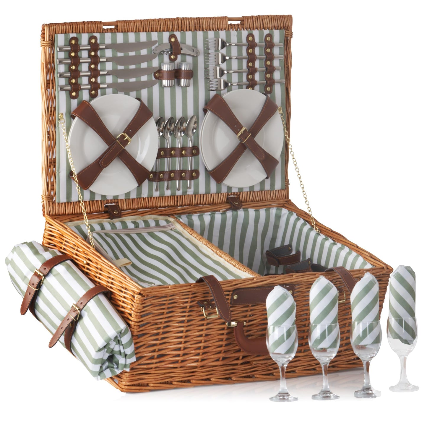 Campfire picnic basket for 4 people with 29-piece dish set and cooler compartment. Striped interior pattern, wicker basket with faux leather straps. Includes picnic bag and set.