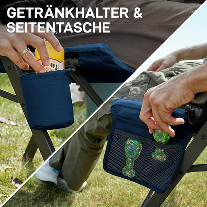 EVER ADVANCED Folding Camping Chair with 4-Position Adjustable Backrest, up to 150 KG Capacity. Padded with 6cm thickness, featuring a side pocket and cup holder. High backrest for camping, garden, or balcony use.