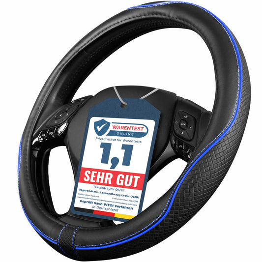 Upgrade4cars steering wheel cover Blue Black in leather look | Steering wheel cover Universal 37-38 cm for summer & winter | Car accessories interior gift ideas | Gifts for women and men