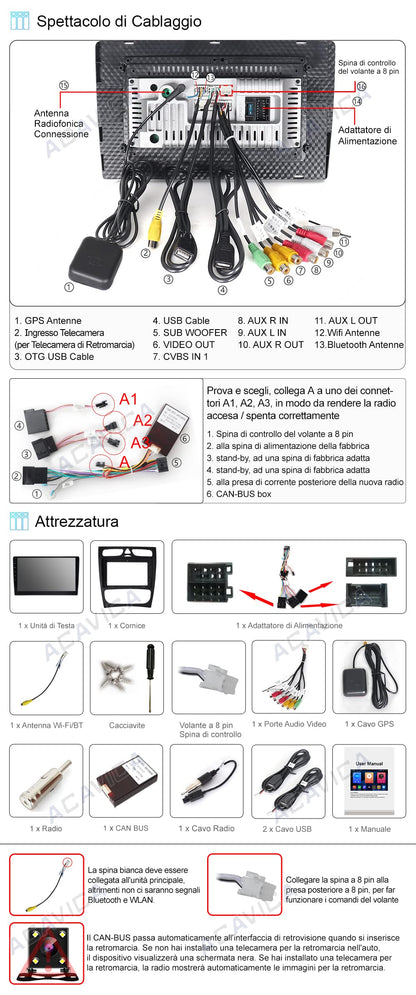 ACAVICA 9-inch Android car radio for Mercedes-Benz C-Class W203 2000–2004. Bluetooth car radio GPS navigation with touchscreen, supports wireless Carplay, WiFi. 2+32GB.